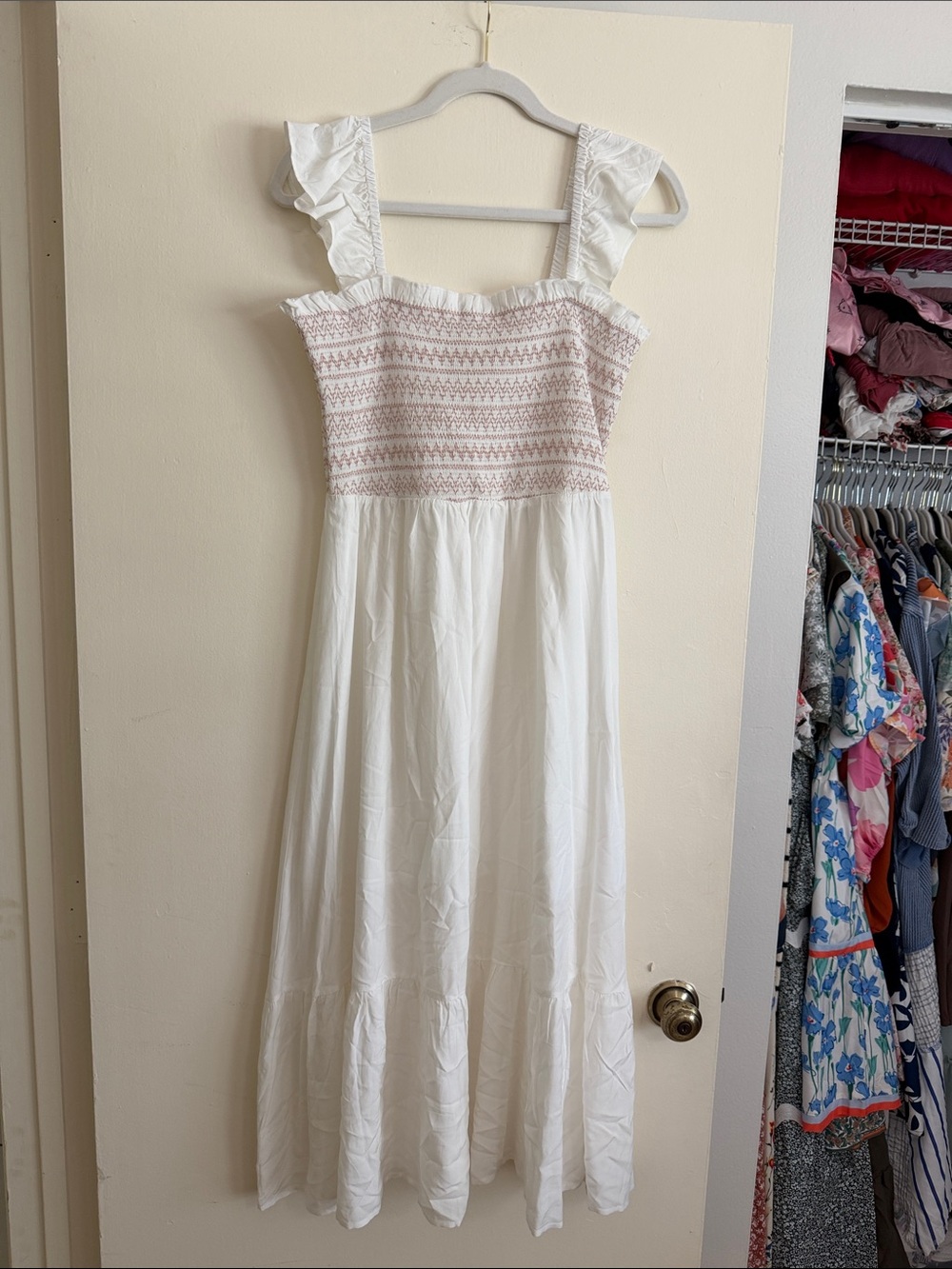 White Maxi Dress with Pink Smocked Bodice